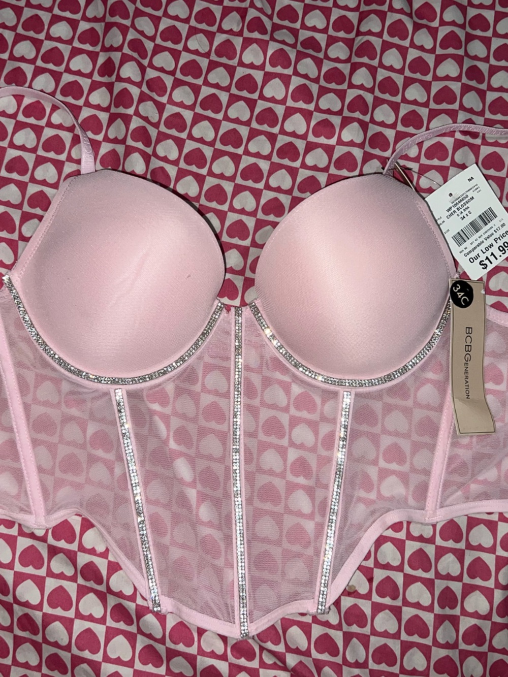 BCBGeneration Pink Rhinestone Mesh Corset Bra Bustier 34C NWT